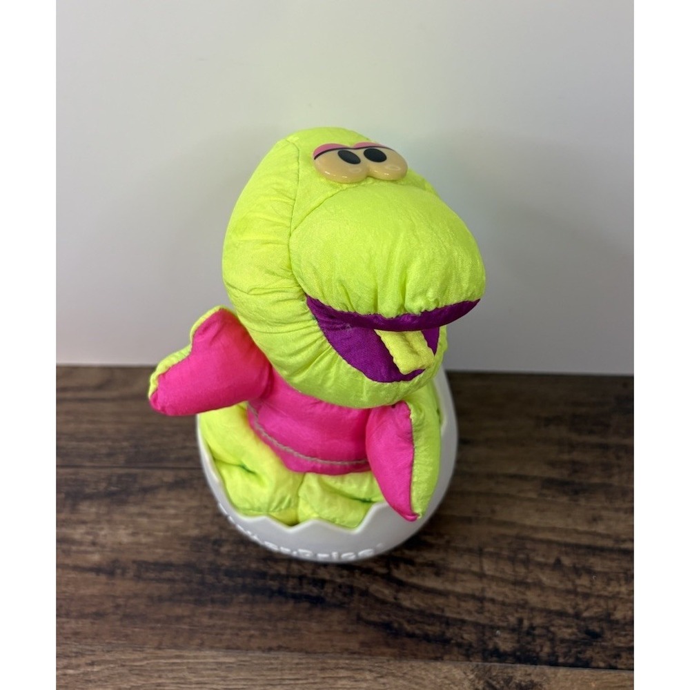 Vintage Fisher Price Puffalump Dino Roaring Dinosaur Plush With Egg Green Yellow